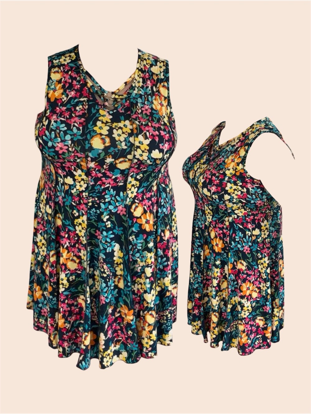 Ava & Grace 1X Floral Tank Dress in Black, Teal, Yellow and Pink